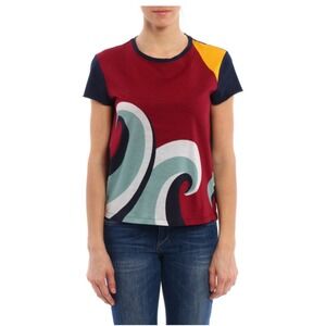 Red Valentino T-Shirt Women's Small Red Blue Wave Print Crew Neck Short Sleeve